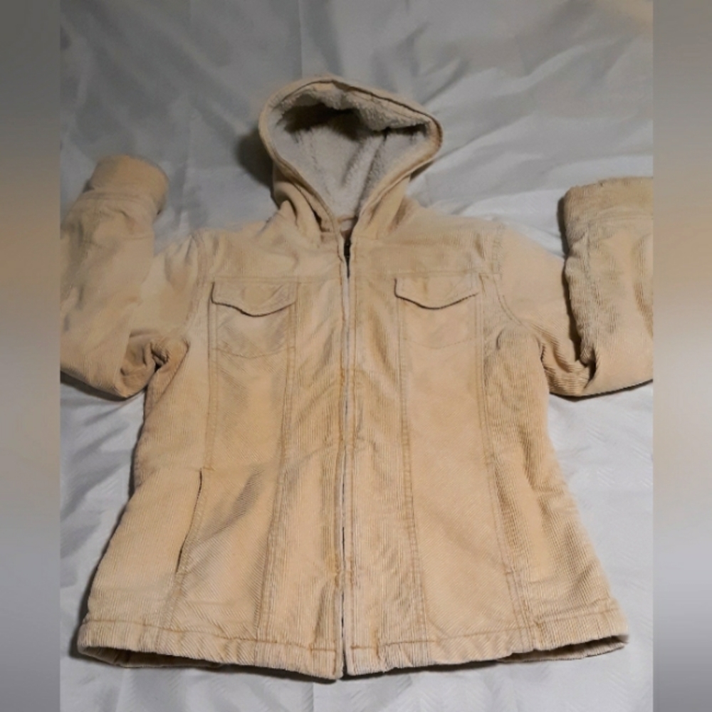 Creamy beige Corduroy coat with feax fur lined hood